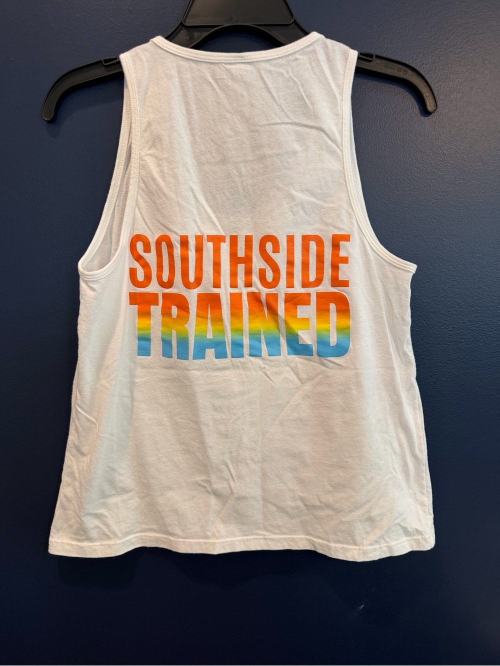 Next Level Apparel White Tank with Orange, Yellow & Blue ‘Southside Trained'
